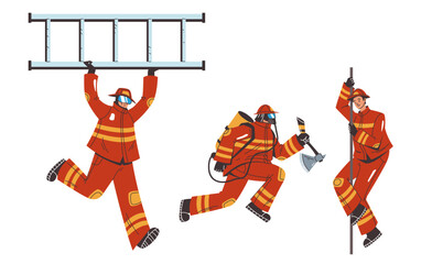 Firefighter fire fireman safety character isolated set. Vector design graphic illustration