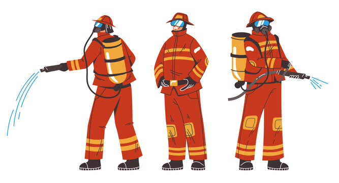Firefighter fire fireman safety character isolated set. Vector design graphic illustration