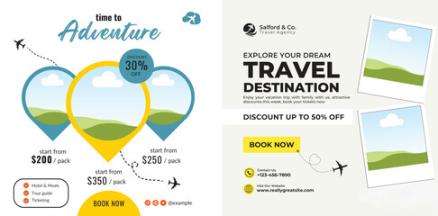 Travel promo vector banner template with discount text and famous tourist landmarks elements in a frame for travel and tour promotion. Vector illustration.