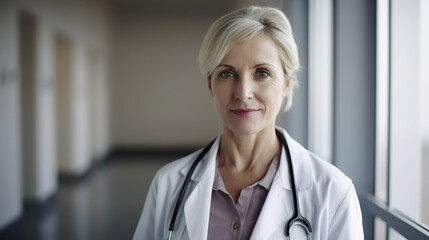 Portrait of a mature female doctor on blurred background of a hospital corridor