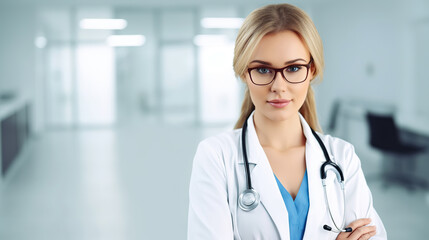 Portrait of a young female doctor in uniform and stethoscope on blurred background of a hospital corridor