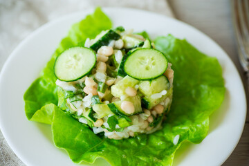 fresh summer salad with beans, rice, cucumbers and other vegetables in a plate