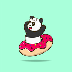 Happy panda with donuts. Illustration of cute animal. Mascot Panda.