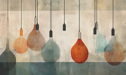  a group of different colored light bulbs hanging from a line of lightshades in a room with a wall in the background and a painting on the wall.  generative ai