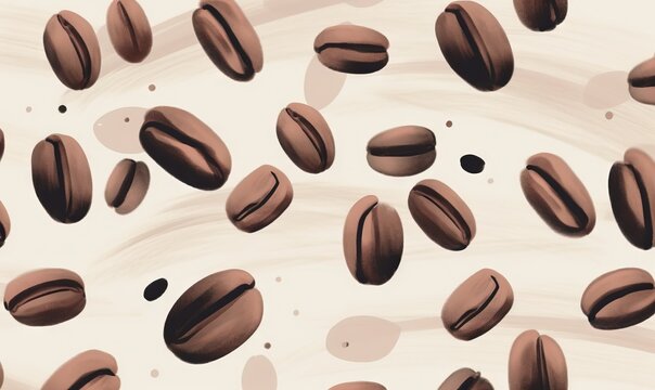  a pattern of coffee beans on a white background with a brown and black pattern on the bottom of the image and the bottom half of the pattern of the beans.  generative ai