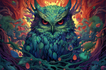 Obraz premium A vector illustration of an owl in the forest, adorned with vibrant and captivating colors. Ai generated