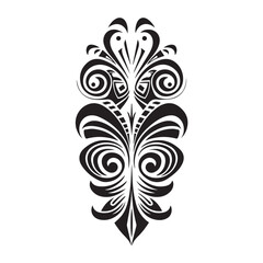 Symmetrical Tribal Tattoo Design in Black and White Featuring Intricate Patterns of Swirls, Lines, Dots, and Animal Motifs with a traditional maori shapes.