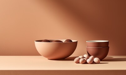  a bowl of nuts and a bowl of chocolates on a table with a light brown wall in the background and a bowl of chocolates in the foreground.  generative ai