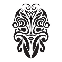 Symmetrical Tribal Tattoo Design in Black and White Featuring Intricate Patterns of Swirls, Lines, Dots, and Animal Motifs with a traditional maori shapes.