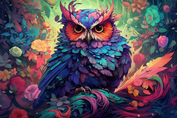 Obraz premium A vector illustration of an owl in the forest, adorned with vibrant and captivating colors. Ai generated