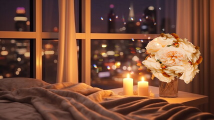 modern design bedroom,big windows  view on night city ,flowers and candles cozy room,buildings blurred light,generated ai