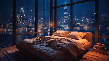 modern design bedroom,big windows  view on night city ,flowers and candles cozy room,buildings blurred light,generated ai