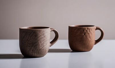  two coffee mugs sitting on a table next to each other on a white tablecloth covered table top with a shadow from the mug.  generative ai