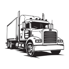 Bold Graphic Style Black and White Illustration of a Semi-Truck with Trailer, Large Rectangular Grill, Round Headlights, and Six Wheels”