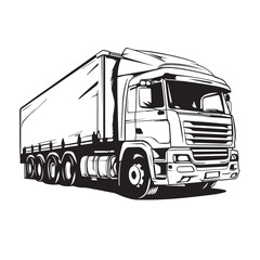 Bold Graphic Style Black and White Illustration of a Semi-Truck with Trailer, Large Rectangular Grill, Round Headlights, and Six Wheels”