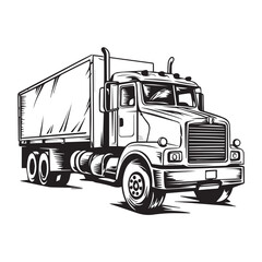 Bold Graphic Style Black and White Illustration of a Semi-Truck with Trailer, Large Rectangular Grill, Round Headlights, and Six Wheels”
