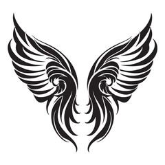 Symmetrical Spread of Intricately Detailed Black and White Tattoo Style Wings Illustration