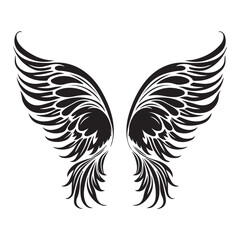 Symmetrical Spread of Intricately Detailed Black and White Tattoo Style Wings Illustration