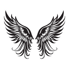Symmetrical Spread of Intricately Detailed Black and White Tattoo Style Wings Illustration