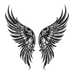Obraz premium Symmetrical Spread of Intricately Detailed Black and White Tattoo Style Wings Illustration