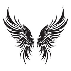 Symmetrical Spread of Intricately Detailed Black and White Tattoo Style Wings Illustration