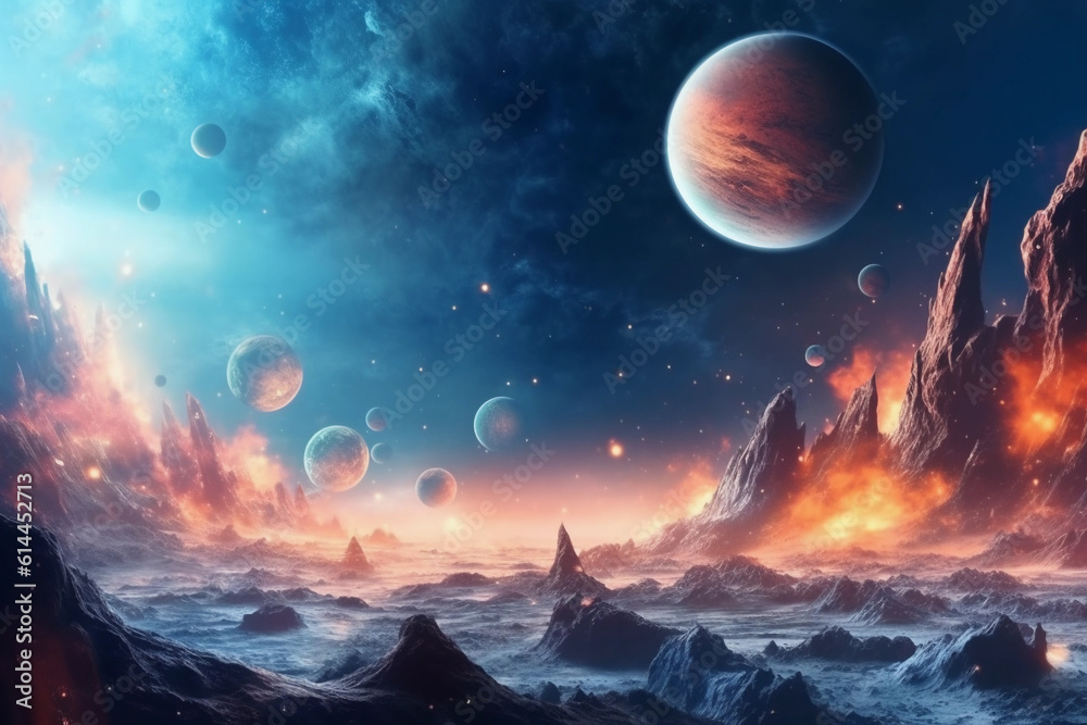 Sticker planets and space background. generative ai