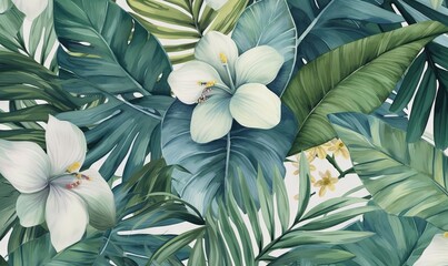  a painting of white flowers and green leaves on a white background with a yellow and green stripe in the center of the image is a white background.  generative ai