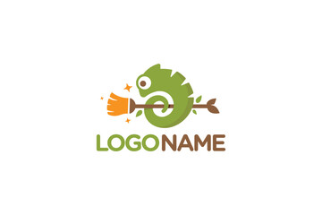 Creative logo design depicting a chameleon with a broom in the center, designated to the cleaning industry.