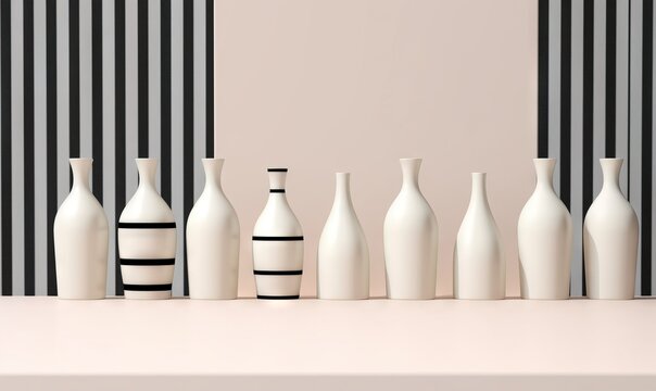  a group of white vases sitting on top of a white table next to a black and white striped wall and a black and white striped wall.  generative ai