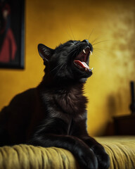 Fototapeta na wymiar Black cat yawning and showing its teeth against yellow wall