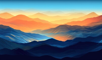 Fototapeta na wymiar a painting of a mountain range with a sunset in the distance and a blue sky in the foreground with a few clouds in the distance. generative ai