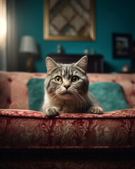 Grey tabby cat looking up from a comfortable vintage couch in a colorful retro apartment
