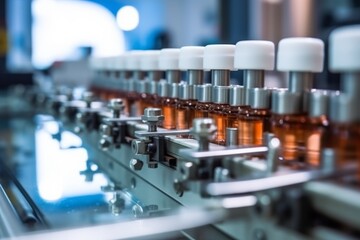 Obraz na płótnie Canvas Medical vials on production line at pharmaceutical factory, Pharmaceutical machine, pharmaceutical glass bottles, production line
