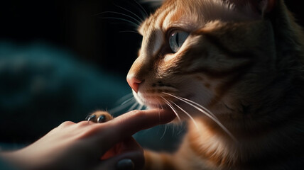 Hand touching the face of a red tabby cat, its paw touching the hand, human and animal connecting