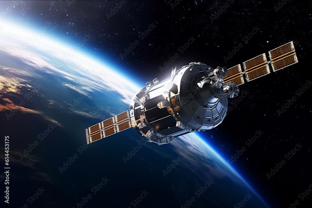 Wall mural spaceship orbiting around planet earth. generative ai