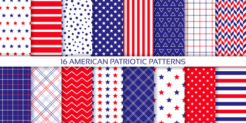 4th July patriotic backgrounds. American seamless patterns. America independence day prints with stars, stripes and check. Collection geometric textures. Blue red modern wallpaper. Vector illustration