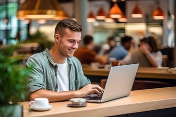 Cheerful and contented young Caucasian man sitting at desk and using laptop with a smile appears to be engaged and focused on his work. Generative AI