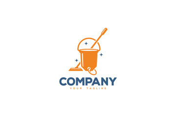 Creative logo design depicting a bucket and a mop shaped like a price tag, designated to the cleaning industry.