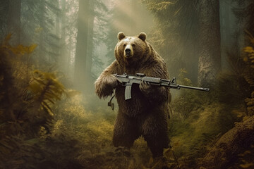 A whimsical and humorous depiction of a bear in the forest, playfully holding a gun, creating an unexpected and comedic scene. Ai generated