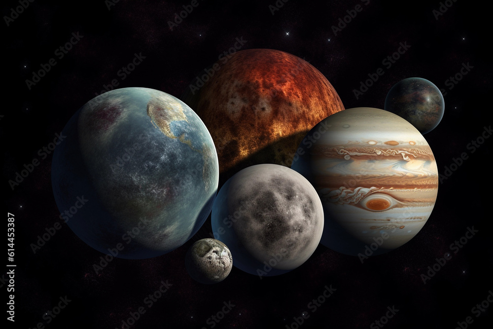 Sticker solar system with many planets in a black background. generative ai