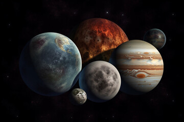 Fototapeta premium Solar system with many planets in a black background. Generative AI