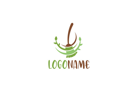 Creative logo design depicting a broom with green leaves, designated to the cleaning industry.