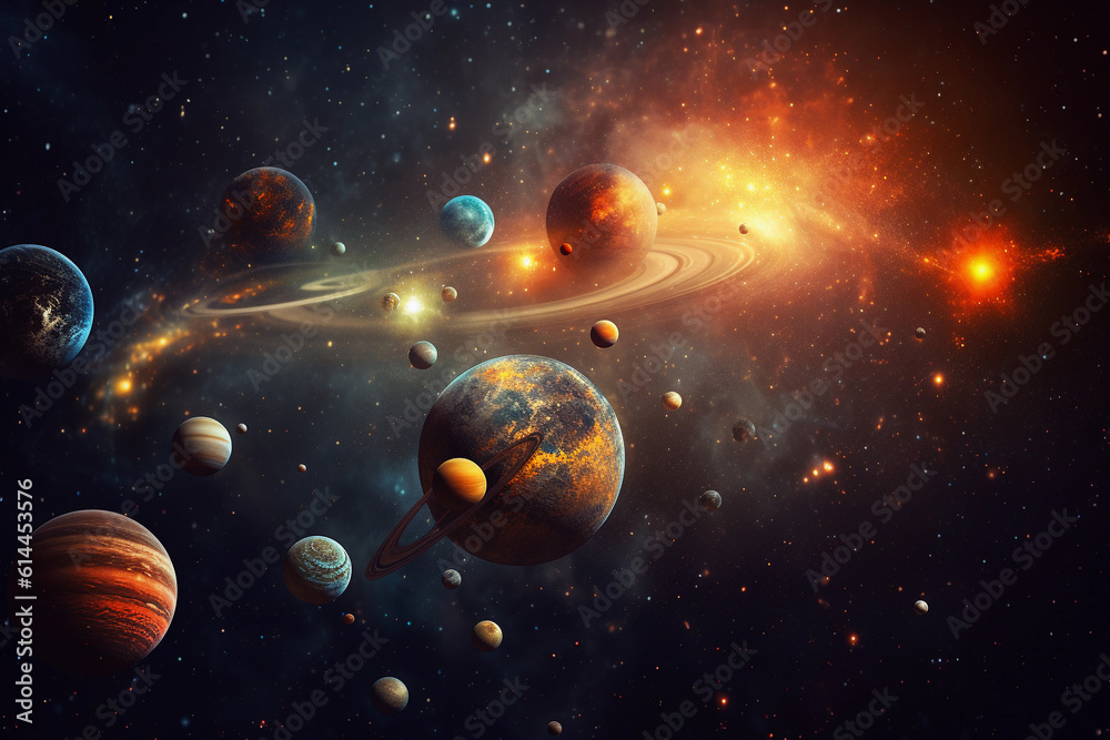 Poster solar system with many planets. generative ai