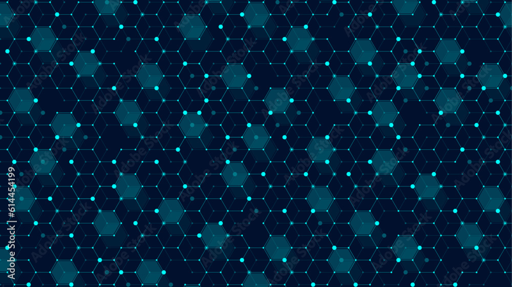 Poster Technology abstract lines and dots connect background with hexagons. Hexagons connection digital data and big data concept. Hex digital data visualization. Vector illustration