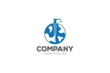 Creative logo design depicting a soap pump shaped like a planet, designated to the cleaning industry.