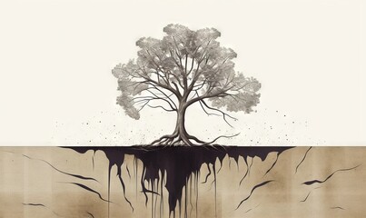  a drawing of a tree in the middle of a lake with water dripping from its roots and a bird flying above it, with a sky background of a.  generative ai