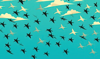  a flock of birds flying through a blue sky with clouds in the sky behind them and in the foreground is a blue sky with white clouds in the background.  generative ai