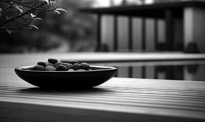 Obraz na płótnie Canvas a black and white photo of a bowl of balls on a wooden table next to a pool and a house in the background with a tree in the foreground. generative ai