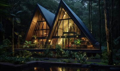 Fototapeta premium a house in the middle of a forest with a pond in front of it and a bridge leading to the upper level of the house. generative ai