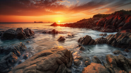 Obraz premium a beautiful sunset over a somewhat stormy sea with large rocks in the foreground. Generative AI